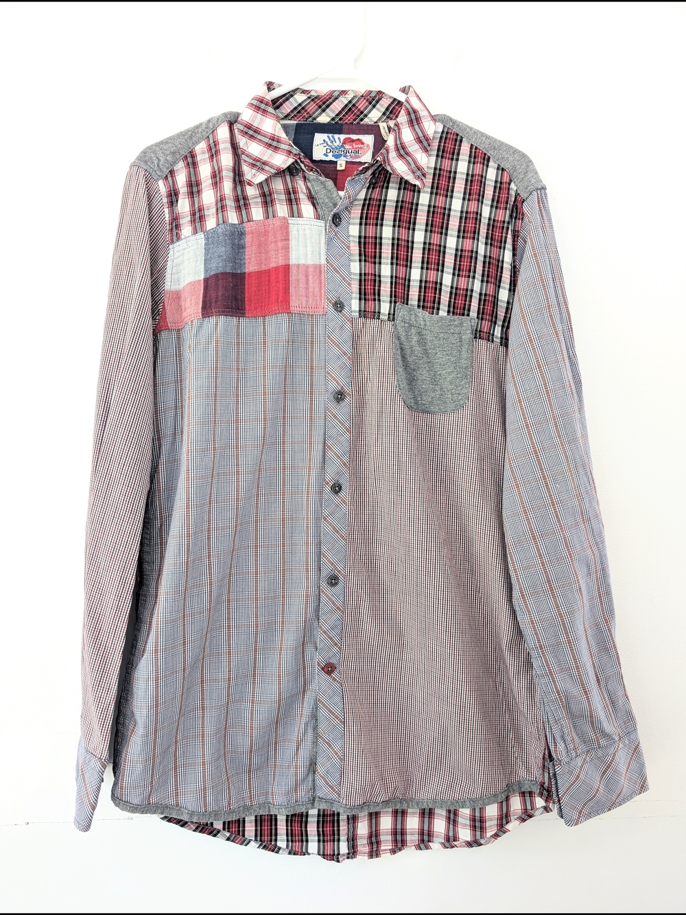 Desigual Cam Checkmate Mixed Pattern Patchwork Button Up Shirt Men's Size Small